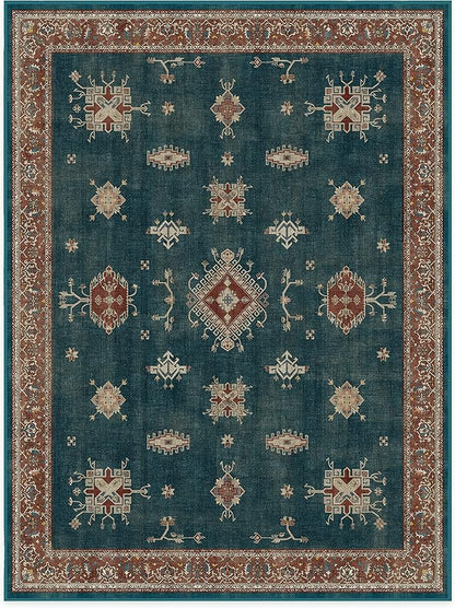 RUGGABLE Washable Vintage Area Rug – Verena Teal Blue 9x12, Stain-Resistant, Non-Slip – Large Machine Washable Rugs for Living Room, Bedroom, Hallway, Entryway & Office–with Cushioned Pad