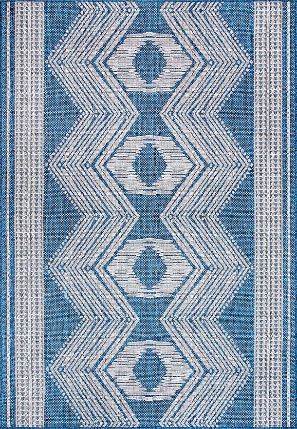 nuLOOM 3'6" x 5' Outdoor Tribal Geometric Area Rug, Stain Resistant, Weather Resistant, High Traffic, Patio, Balcony, Outside, Ranya Blue
