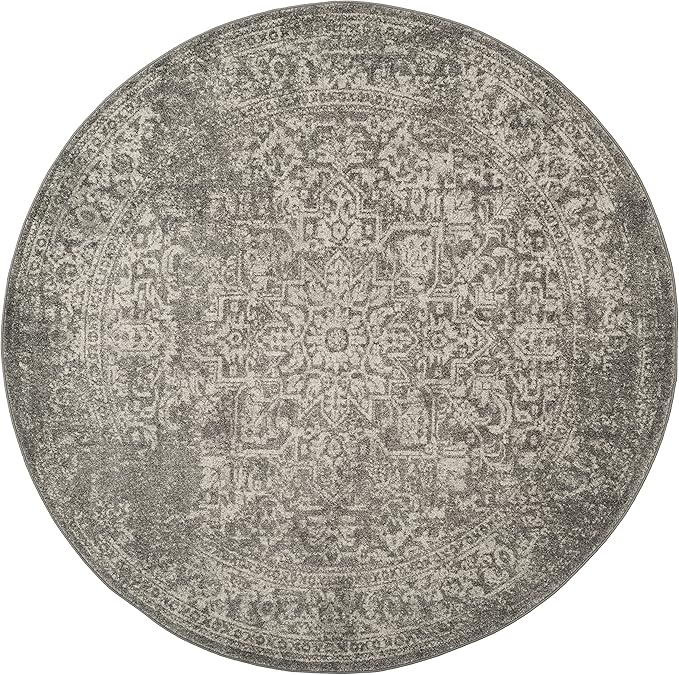 SAFAVIEH Evoke Collection Area Rug - 5'3" Round, Silver & Ivory, Distressed Design, Non-Shedding & Easy to Clean, Ideal for Living Room, Bedroom, Dining Space (EVK256S)
