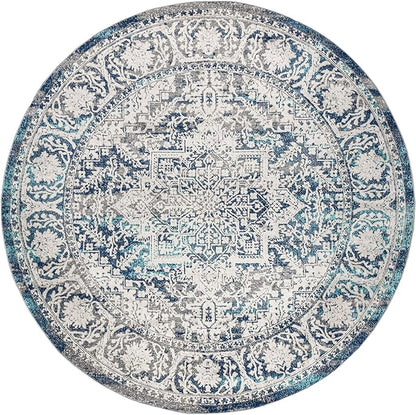 JONATHAN Y Modern Vintage Medallion Navy/Light Gray 8' Round Indoor Area Rug, Country, Floral, Easy-Cleaning for Living Room, Bedroom, Kitchen, Pet Friendly, Non-Shedding (MDP100B-8R)