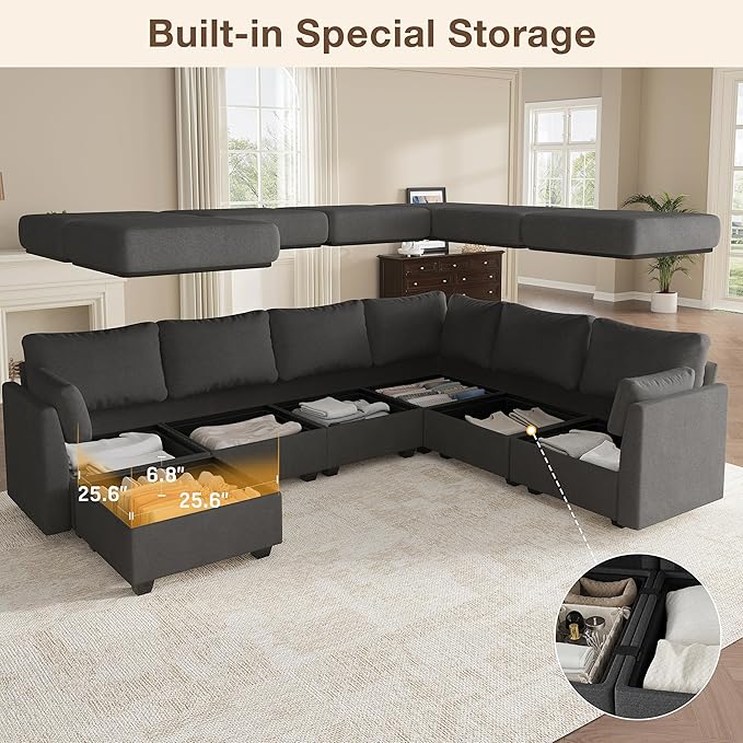 Modular Sectional Sofa Couches, Large Convertible Modular Couches With Storage, 7-Seater Sectional Sofa For Living Room, U Shaped Sectional Couch Sleeper Sofa With Chaise (DarkGrey, 7 Seats)