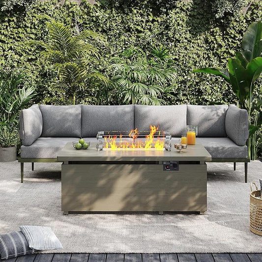 Sundale Outdoor 5 Pieces Patio Furniture Set with Fire Pit Table, Metal Outdoor Sectional Sofa with 6 Inch Olefin Cushion, All-Weather Modern Outdoor Conversation Sets (4 Seats,Green Frame)