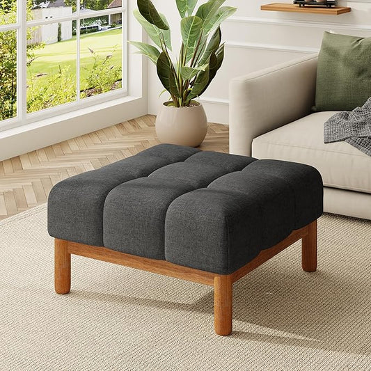 Christopher Knight Home Annette Square Ottoman Footstool with Grid Tufting, Living Room Sofa Ottoman with Wood Frame, Fabric Upholstery Coffee Table, Comfy Seating with Dense Foam Padding, Gray
