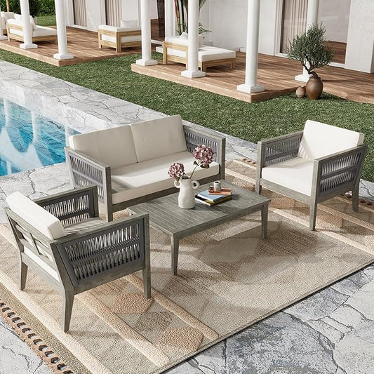 Christopher Knight Home Outdoor Acacia Wood Patio Set, 4-Pieces Patio Conversation Set, Outdoor Furniture with Coffee Table, Patio Deep Seating with Cushion, Porch Chairs for Garden, Grey+Beige