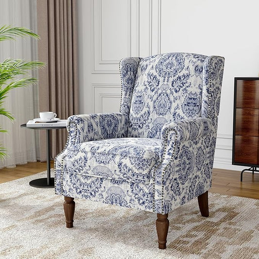 Wingback Accent Chair, High Back Upholstered Armchair, Printed Fabric Wingback Arms Chairs with Wood Legs, Single Sofa Reading Chair for Bedroom Living Room, Navy