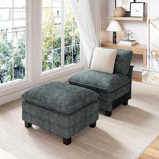 PHI VILLA Oversized Single Armless Sofa with Ottoman, Upholstered Chaise Lounge Chairs, Indoor Cloud Reading Chair with Deep Seat for Small Spaces, Chenille Fabric, Teal