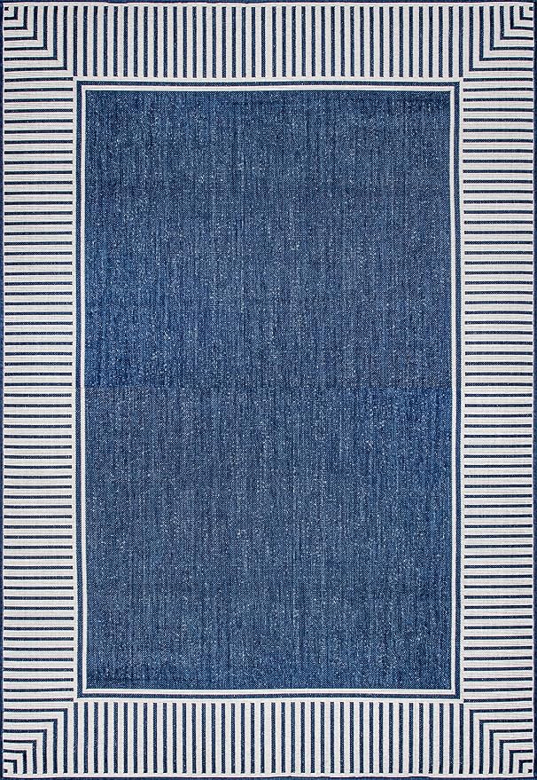 nuLOOM 10' x 13' Outdoor Area Rug, Casual Design with Striped Border, Stain Resistant, Highly Durable, for Patio, Balcony, Bedroom, Living Room, Dining Room, Bathroom, Navy