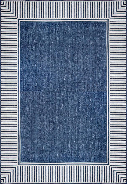 nuLOOM 10' x 13' Outdoor Area Rug, Casual Design with Striped Border, Stain Resistant, Highly Durable, for Patio, Balcony, Bedroom, Living Room, Dining Room, Bathroom, Navy
