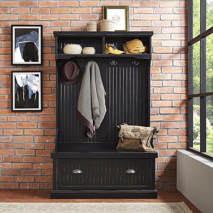 Crosley Furniture Seaside Hall Tree with Shoe Rack Bench and Coat Hooks for Hanging Storage, Distressed Black