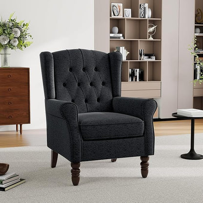 Mid-Century Modern Wingback Chair - Plush Upholstered Accent Armchair with Solid Oak Legs, Ergonomic High Back Lounge Chair for Living Room, Bedroom Office - Retro Reading Chair Bluish Black