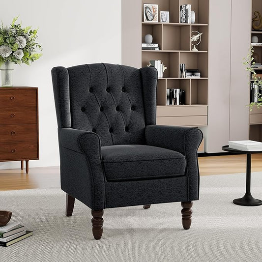 Mid-Century Modern Wingback Chair - Plush Upholstered Accent Armchair with Solid Oak Legs, Ergonomic High Back Lounge Chair for Living Room, Bedroom Office - Retro Reading Chair Bluish Black