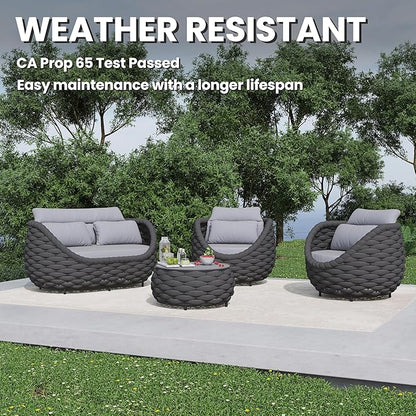 Aluminum Porch Outdoor Furniture Set: 6 Pieces Rope Patio Conversation Sofa Set - Modern Woven Deck Couch Set Cushioned - No Assembly All Weather Seating for 660lbs Yard Garden Lanai Hotel Pool