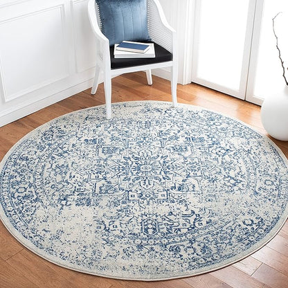 SAFAVIEH Evoke Collection Area Rug - 6'7" Round, Ivory & Navy, Distressed Design, Non-Shedding & Easy to Clean, Ideal for Living Room, Bedroom, Dining Space (EVK256N)