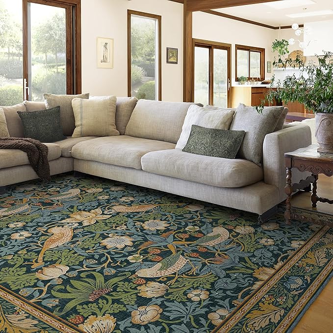 RUGGABLE x Morris & Co Washable Area Rug – Strawberry Thief Indigo 8x10, Stain-Resistant, Non-Slip – Large Machine Washable Rugs for Living Room, Bedroom, Hallway, Entryway & Office–with Standard Pad