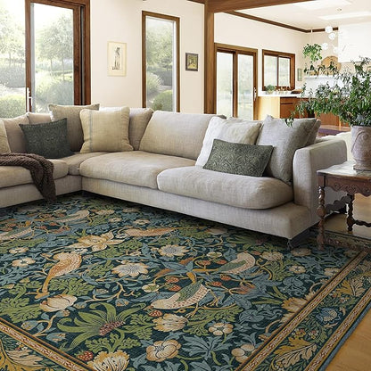 RUGGABLE x Morris & Co Washable Area Rug – Strawberry Thief Indigo 9x12, Stain-Resistant, Non-Slip – Large Machine Washable Rugs for Living Room, Bedroom, Hallway, Entryway & Office–with Standard Pad