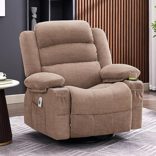 Oversized Recliner Chairs for Adults, 360° Swivel Rocking Recliner with Heat and Massage Lazy Boy Recliner,Recliner Chairs Single Sofa Seat with Cup Holders (Browm, Regular)