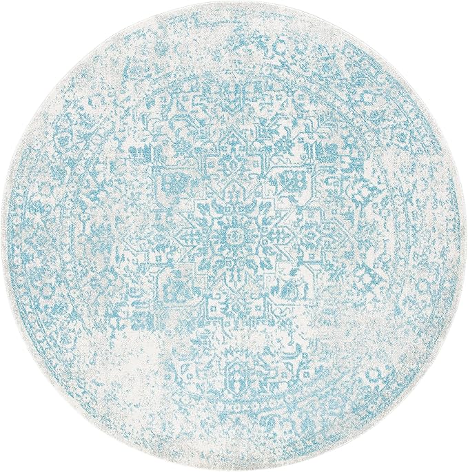 SAFAVIEH Evoke Collection Area Rug - 6'7" Round, Ivory & Aqua, Distressed Design, Non-Shedding & Easy to Clean, Ideal for Living Room, Bedroom, Dining Space (EVK256J)