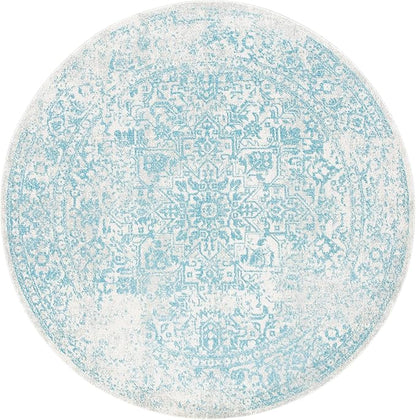SAFAVIEH Evoke Collection Area Rug - 6'7" Round, Ivory & Aqua, Distressed Design, Non-Shedding & Easy to Clean, Ideal for Living Room, Bedroom, Dining Space (EVK256J)