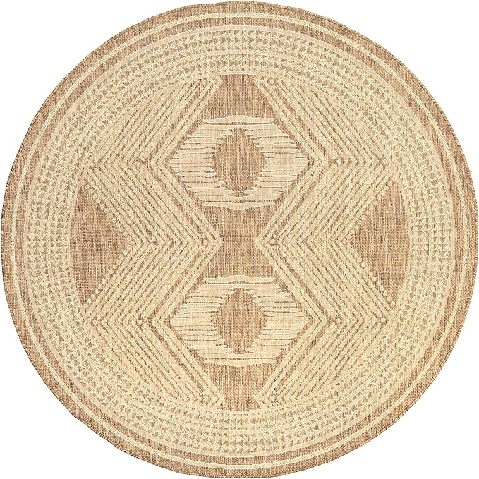 nuLOOM Ranya Light Brown/Ivory, 8' Round, Tribal Geometric, Soft and Cozy, High Traffic, Stain Resistant, Easy Clean, Durable Area Rug for Indoor/Outdoor Patio, Deck, Porch, Garden, Courtyard