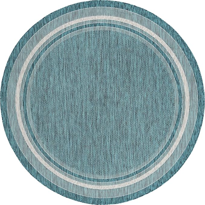 Unique Loom Outdoor Border Collection Area Rug - Soft Border (7' 10" Round, Teal/ Ivory)