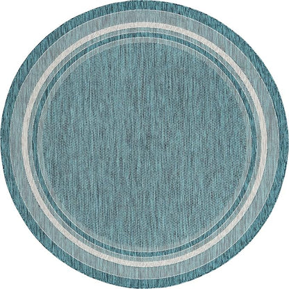Unique Loom Outdoor Border Collection Area Rug - Soft Border (7' 10" Round, Teal/ Ivory)