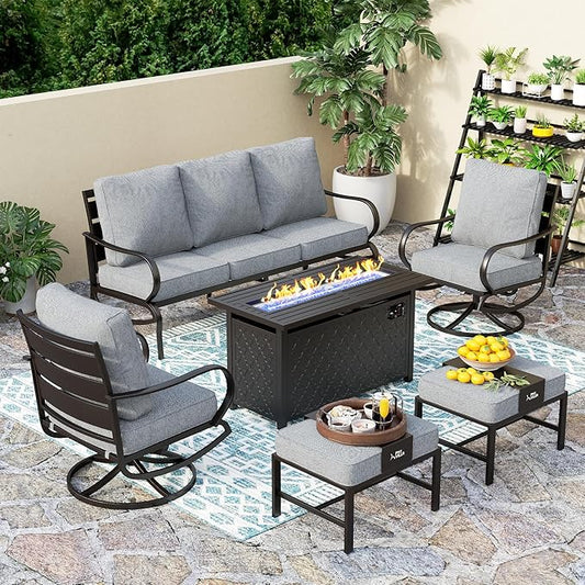 PHI VILLA Patio Furniture Set with FirePit Table, Outdoor Furniture with 1 x 3-Seat Wide Deep Seating Bench, 2 x Swivel Sofa Chairs & 2 Ottomans, 5.75" Thick Cushioned Outdoor Conversation Set, Grey