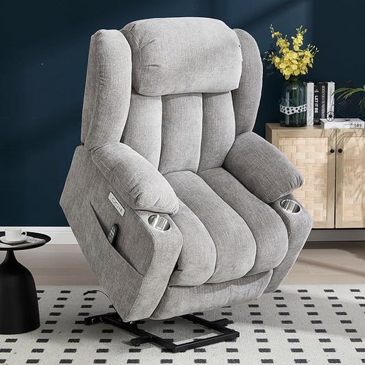 Power Lift Chair for Elderly, Electric Recliner Chair with 8-Point Vibration Massage and Lumbar Heating, Charging Ports, Cup Holders, Standing Assistance Reclining - Light Gray