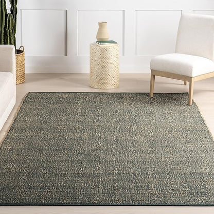 nuLOOM 7'6" x 9'6" Elfriede Jute & Cotton Hand Woven Area Rug, Green, Solid Rustic Farmhouse Style, Weaved Design, Natural Fiber, for Bedroom, Living Room, Dining Room, Hallway, Office, Entryway