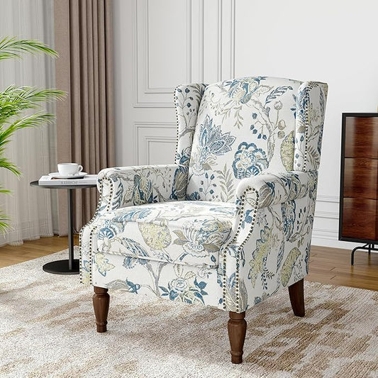 Floral Wingback Accent Chair, High Back Upholstered Armchair, Comfy Fabric Wingback Arms Chairs with Retro Solid Wood Legs, Single Sofa Reading Chair for Bedroom Living Room, Plants Blue