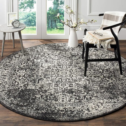 SAFAVIEH Evoke Collection Area Rug - 6'7" Round, Black & Grey, Distressed Design, Non-Shedding & Easy to Clean, Ideal for Living Room, Bedroom, Dining Space (EVK256R)