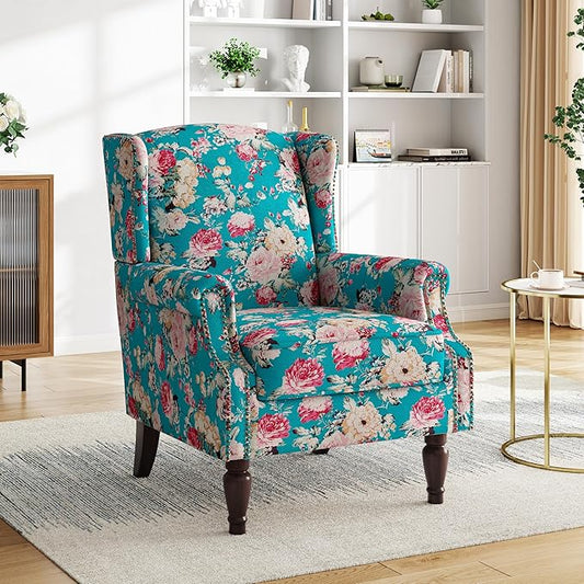 High Back Floral Accent Chair - Retro Wingback Upholstered Armchair with Nailhead Trim, Solid Wood Legs, Fabric Living Room Bedroom Reading Chair (Peacock Blue)