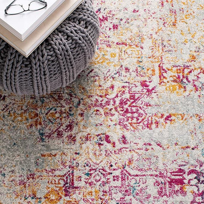 SAFAVIEH Evoke Collection Area Rug - 6'7" Square, Ivory & Fuchsia, Distressed Design, Non-Shedding & Easy to Clean, Ideal for Living Room, Bedroom, Dining Space (EVK256Q)