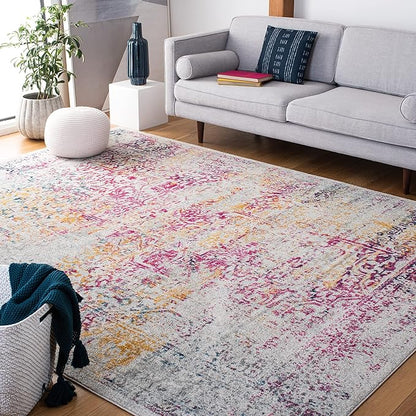 SAFAVIEH Evoke Collection Area Rug - 6'7" Square, Ivory & Fuchsia, Distressed Design, Non-Shedding & Easy to Clean, Ideal for Living Room, Bedroom, Dining Space (EVK256Q)