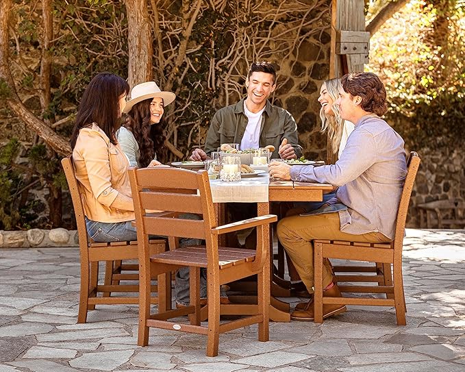 POLYWOOD Lakeside Farmhouse 7-Piece Outdoor Dining Set, Patio Furniture Table and Chairs, HDPE, Seats 6, Teak, Made in USA