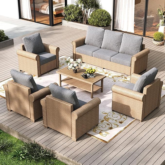 Patio Furniture Set 6 pcs, Wicker Rattan Outdoor Furniture with 5.5” Thick Cushions, 3-Seat Sofa, 4 Chairs and Coffee Table, Outdoor Conversation Set for Garden Backyard Deck, 7 Seats Grey