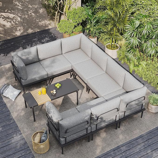 Sundale Outdoor 9 Pieces Patio Furniture Set, U-Shaped Outdoor Sectional Sofa with 6 Inch Olefin Cushion and Coffee Table, Modern Metal Outdoor Conversation Sets (8 Seats, Grey Frame)