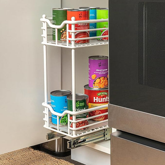 Household Essentials Glidez Multipurpose Paint-Finished Steel Pull-Out/Slide-Out Storage Organizer with Plastic Liners for Under Cabinet Use - 2-Tier Design, White