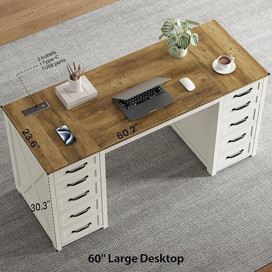 WOPITUES 60" Farmhouse Home Office Desk with 10 Wooden Drawers, Rustic Computer Writing Desk with Power Outlets, Large Executive Desk with Storage Cabinet for Work Study Writing, Rustic Brown & White