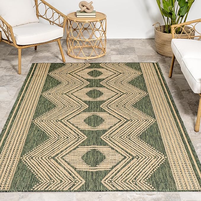 nuLOOM 8' x 10' Outdoor Tribal Geometric Area Rug, Stain Resistant, Weather Resistant, High Traffic, Patio, Balcony, Outside, Ranya Green
