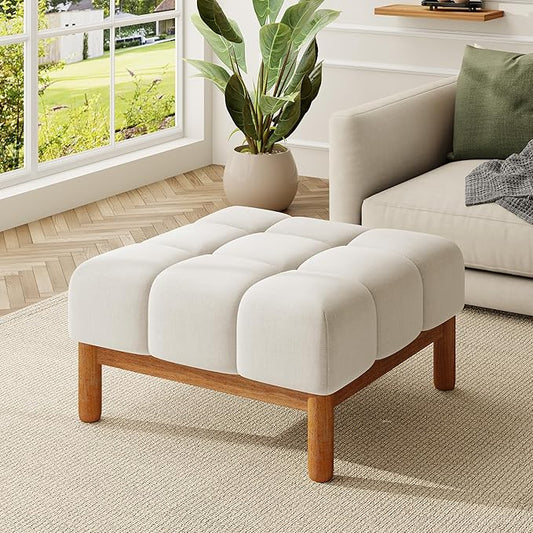 Christopher Knight Home Annette Square Ottoman Footstool with Grid Tufting, Living Room Sofa Ottoman with Wood Frame, Fabric Upholstery Coffee Table, Comfy Seating with Dense Foam Padding, White
