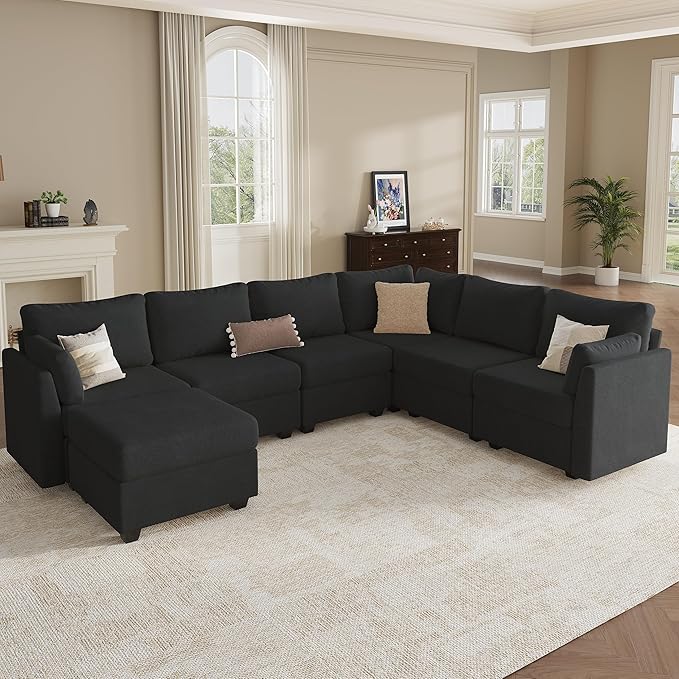 Modular Sectional Sofa Couches, Large Convertible Modular Couches with Storage, 7-Seater Sectional Sofa for Living Room, U Shaped Sectional Couch Sleeper Sofa with Chaise (Black, 7 Seats)