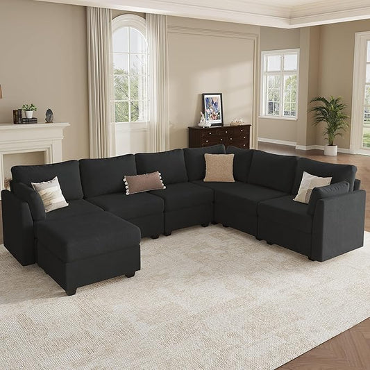Modular Sectional Sofa Couches, Large Convertible Modular Couches with Storage, 7-Seater Sectional Sofa for Living Room, U Shaped Sectional Couch Sleeper Sofa with Chaise (Black, 7 Seats)