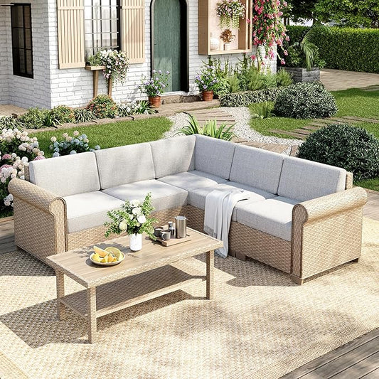 Patio Furniture Set, 6 Piece Outdoor Rattan Wicker Sectional Conversation Set with 5.5" Thick Waterproof Cushions and Coffee Table for Deck Backyard