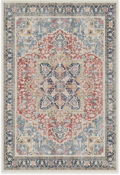RUGGABLE Washable Vintage Area Rug – Kamran Cayenne Red 6x9, Stain-Resistant, Non-Slip – Medium Machine Washable Rugs for Living Room, Bedroom, Hallway, Entryway & Office–with Cushioned Pad