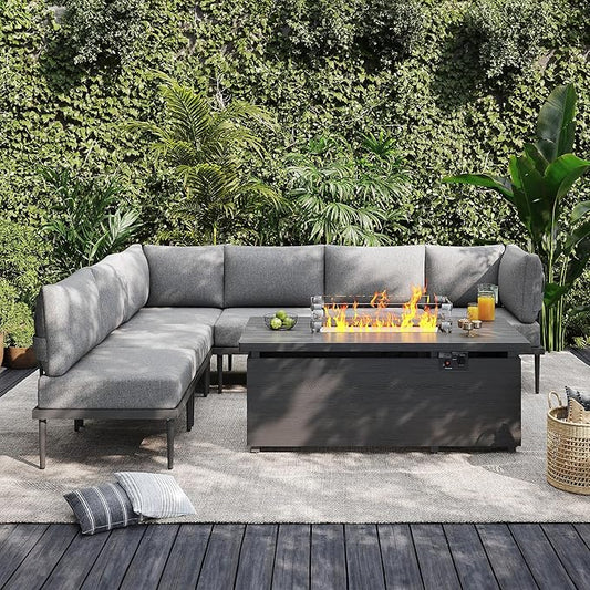 Sundale Outdoor 7 Pieces Metal Patio Furniture Set with Fire Pit Table, Outdoor Sectional Sofa with 6" Olefin Cushion, Modern Outdoor Conversation Sets (6 Seats, Grey Frame)