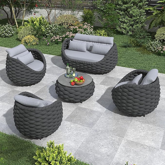 4-Piece Alumunim Outdoor Seating Set: All-Weather Patio Accent Furniture Sofa Set, Hand Woven Rope, No Assembly, Modern Garden Lounge Conversation Set for Backyard Deck Porch Poolside Hotel