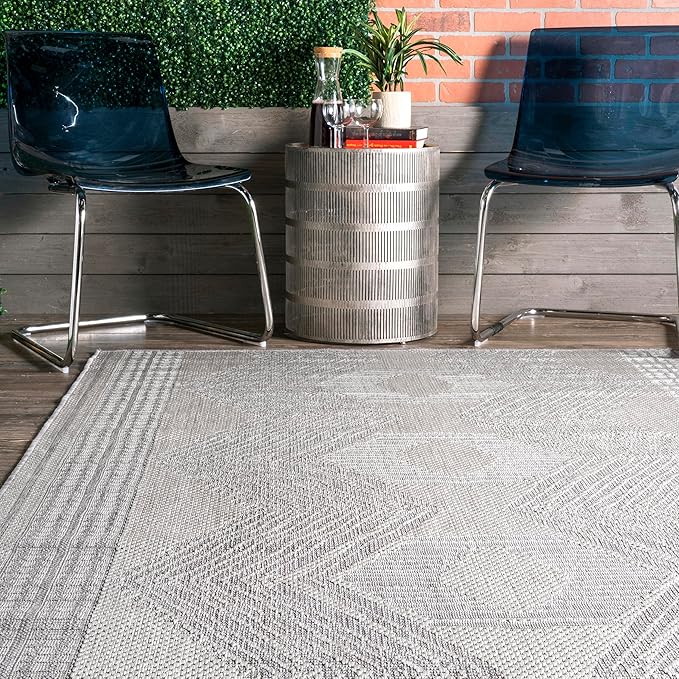 nuLOOM 7' Square Outdoor Tribal Geometric Area Rug, Stain Resistant, Weather Resistant, High Traffic, Patio, Balcony, Outside, Ranya Light Grey