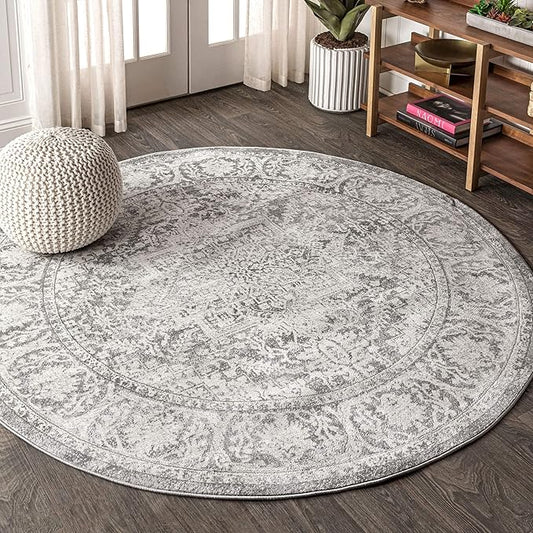 JONATHAN Y Modern Vintage Medallion Light Gray 8' Round Indoor Area Rug, Country, Floral, Easy-Cleaning for Living Room, Bedroom, Kitchen, Pet Friendly, Non-Shedding (MDP100A-8R)