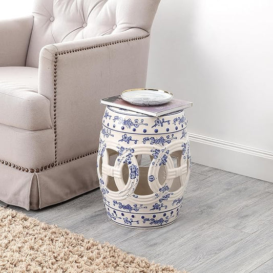 JONATHAN Y TBL1027A Lucky Coins 16" Chinese Ceramic Drum Indoor/Outdoor Garden Stool Bohemian, Coastal, Classic, Cottage, French Country, Patio, Garden Room, Bathroom, Living Room, Blue/White