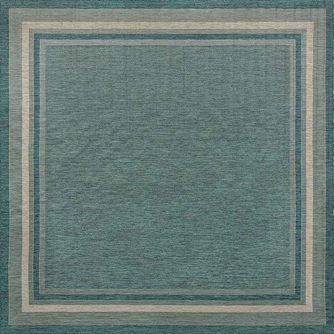 Unique Loom Outdoor Border Collection Area Rug - Soft Border (13' Square, Teal/ Ivory)
